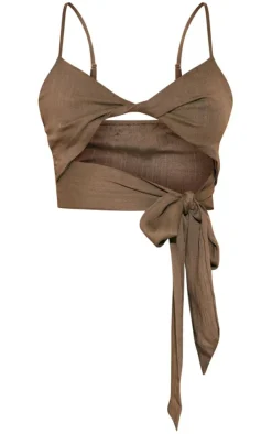 Best PrettyLittleThing Linen Look Tie Detail Crop Top Khaki