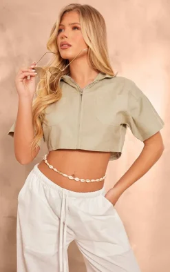 PrettyLittleThing Shirts*Linen Zip Front Crop Utility Shirt
