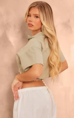 PrettyLittleThing Shirts*Linen Zip Front Crop Utility Shirt