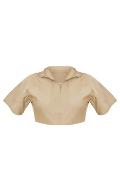 PrettyLittleThing Shirts*Linen Zip Front Crop Utility Shirt
