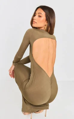 Long Sleeve Open Back Ruched Detail Maxi Dress-PrettyLittleThing New