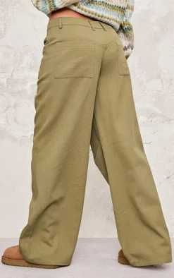Khaki Low Rise Twill Wide Leg Pants