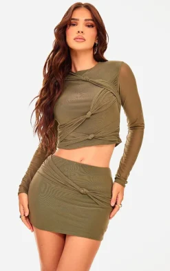 Discount PrettyLittleThing Mesh Knot Detail Micro Mini Skirt Khaki