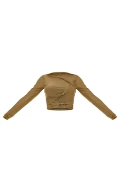 New PrettyLittleThing Mesh Long Sleeve Knot Detail Top Khaki