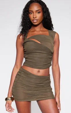 Best PrettyLittleThing Mesh Sheer Cut Out Top Khaki