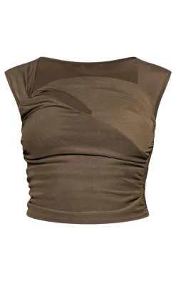 Best PrettyLittleThing Mesh Sheer Cut Out Top Khaki