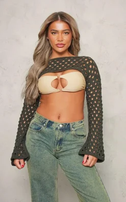 PrettyLittleThing Knitted Tops*Open Knit Flare Sleeves Knitted Top