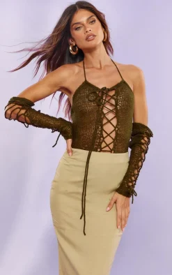 PrettyLittleThing Knitted Tops*Open Knit Lace Up Bodysuit & Sleeves