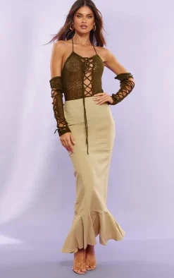 PrettyLittleThing Knitted Tops*Open Knit Lace Up Bodysuit & Sleeves
