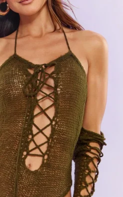 PrettyLittleThing Knitted Tops*Open Knit Lace Up Bodysuit & Sleeves