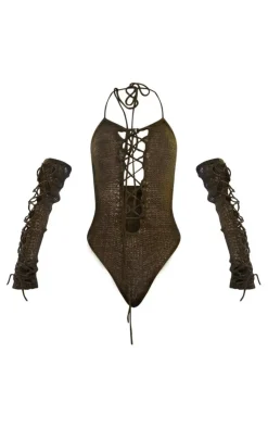 PrettyLittleThing Knitted Tops*Open Knit Lace Up Bodysuit & Sleeves