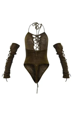 PrettyLittleThing Knitted Tops*Open Knit Lace Up Bodysuit & Sleeves