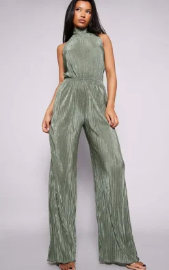 Plisse High Neck Scoop Back Wide Leg Jumpsuit-PrettyLittleThing Discount