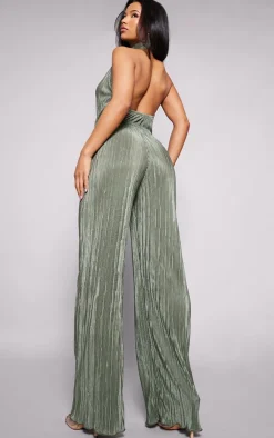 Plisse High Neck Scoop Back Wide Leg Jumpsuit-PrettyLittleThing Discount