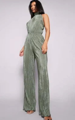 Plisse High Neck Scoop Back Wide Leg Jumpsuit-PrettyLittleThing Discount