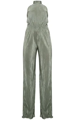 Plisse High Neck Scoop Back Wide Leg Jumpsuit-PrettyLittleThing Discount