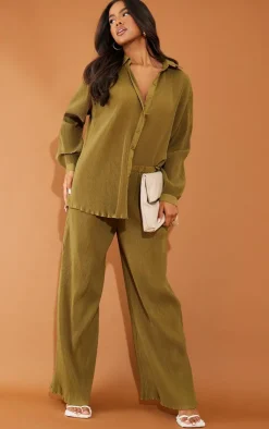 Discount PrettyLittleThing Plisse High Waisted Wide Leg Pants Khaki