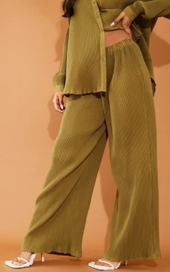 Discount PrettyLittleThing Plisse High Waisted Wide Leg Pants Khaki