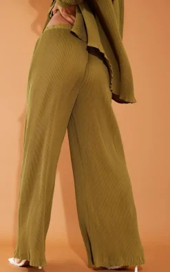 Discount PrettyLittleThing Plisse High Waisted Wide Leg Pants Khaki