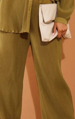 Discount PrettyLittleThing Plisse High Waisted Wide Leg Pants Khaki