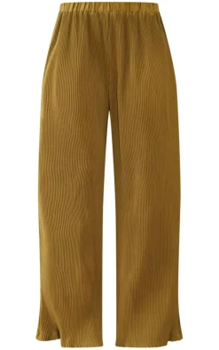 Discount PrettyLittleThing Plisse High Waisted Wide Leg Pants Khaki
