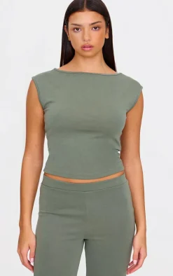 Clearance PrettyLittleThing Premium Soft Touch Boatneck Longline Top Khaki