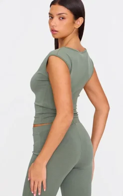 Clearance PrettyLittleThing Premium Soft Touch Boatneck Longline Top Khaki