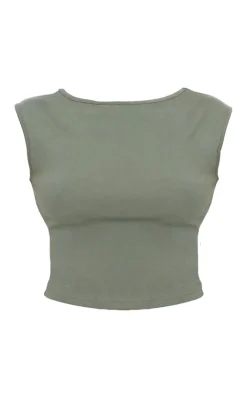 Clearance PrettyLittleThing Premium Soft Touch Boatneck Longline Top Khaki