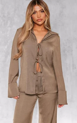 Hot PrettyLittleThing Premium Tie Front Long Sleeve Shirt Khaki