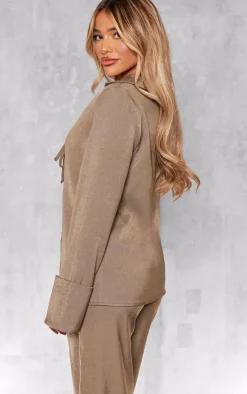 Hot PrettyLittleThing Premium Tie Front Long Sleeve Shirt Khaki
