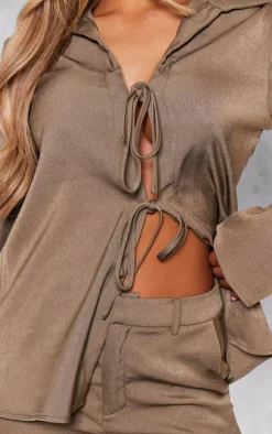 Hot PrettyLittleThing Premium Tie Front Long Sleeve Shirt Khaki