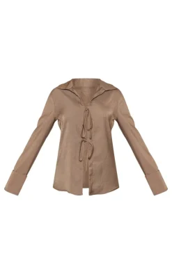 Hot PrettyLittleThing Premium Tie Front Long Sleeve Shirt Khaki
