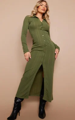 PrettyLittleThing Winter Dresses*Ribbed Button Long Sleeve Midaxi Dress