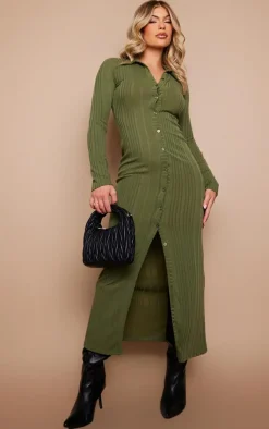 PrettyLittleThing Winter Dresses*Ribbed Button Long Sleeve Midaxi Dress
