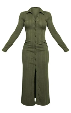 PrettyLittleThing Winter Dresses*Ribbed Button Long Sleeve Midaxi Dress