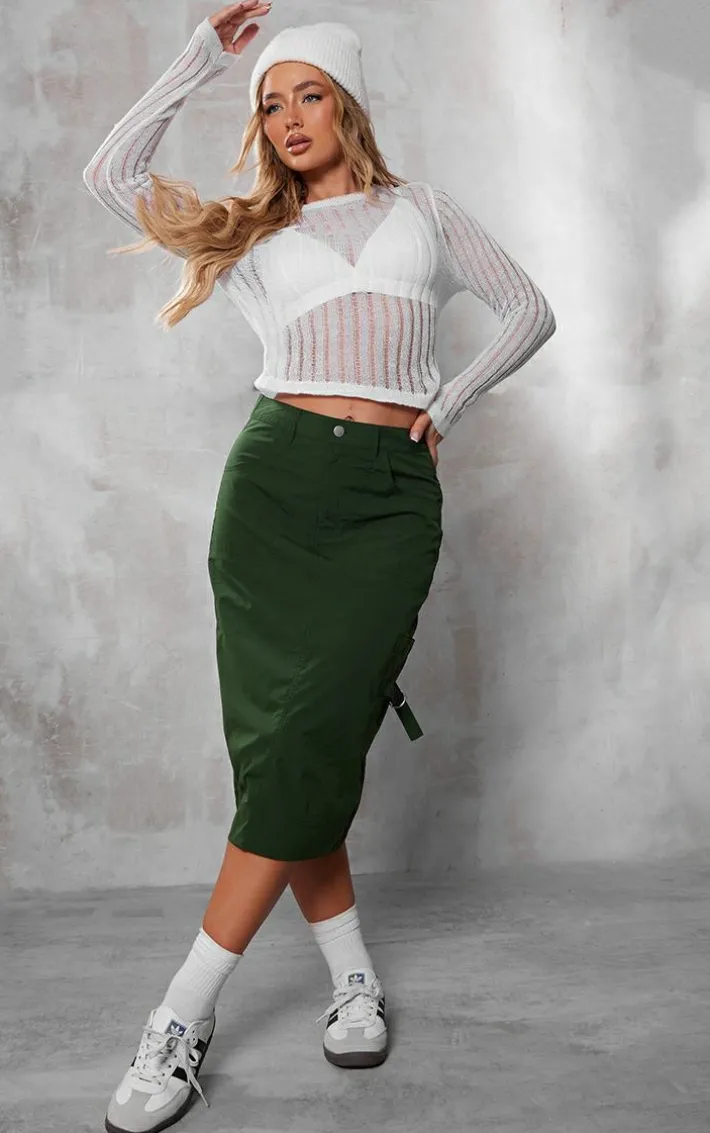 Khaki Ripstop Cargo Midi Skirt