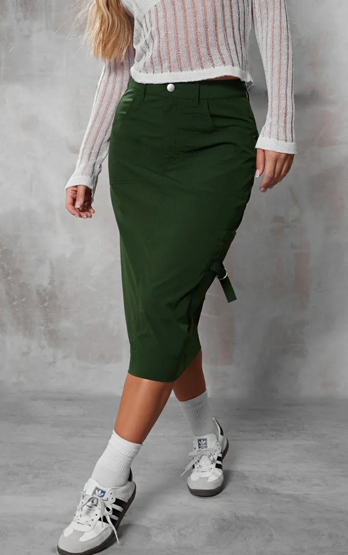 Khaki Ripstop Cargo Midi Skirt
