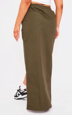 Khaki Ripstop Split Thigh Drawstring Waist Maxi Skirt