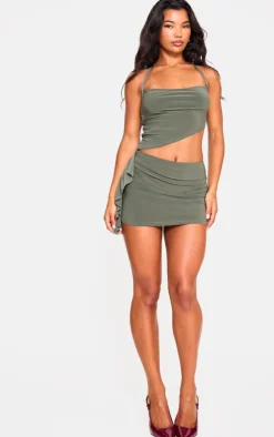 Discount PrettyLittleThing Ruched Drape Low Rise Micro Mini Skirt Khaki