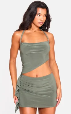 Discount PrettyLittleThing Ruched Drape Low Rise Micro Mini Skirt Khaki