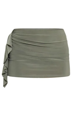 Discount PrettyLittleThing Ruched Drape Low Rise Micro Mini Skirt Khaki
