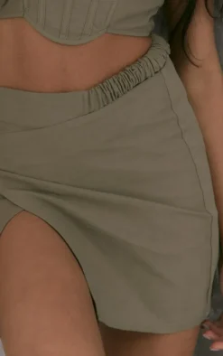 PrettyLittleThing Ruched Strap Wrap Mini Skirt Khaki
