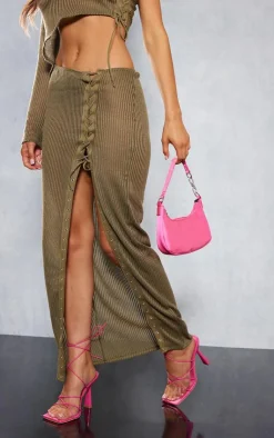 Outlet PrettyLittleThing Sheer Soft Rib Lace Up Thigh Split Midaxi Skirt Khaki