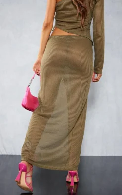 Outlet PrettyLittleThing Sheer Soft Rib Lace Up Thigh Split Midaxi Skirt Khaki