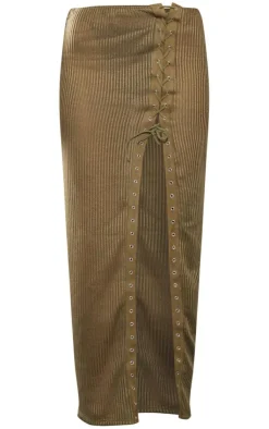Outlet PrettyLittleThing Sheer Soft Rib Lace Up Thigh Split Midaxi Skirt Khaki