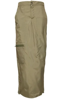 Khaki Shell Double Zip Midaxi Skirt