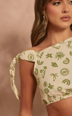 PrettyLittleThing Shell Print Off The Shoulder Crop Top Khaki