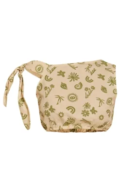 PrettyLittleThing Shell Print Off The Shoulder Crop Top Khaki