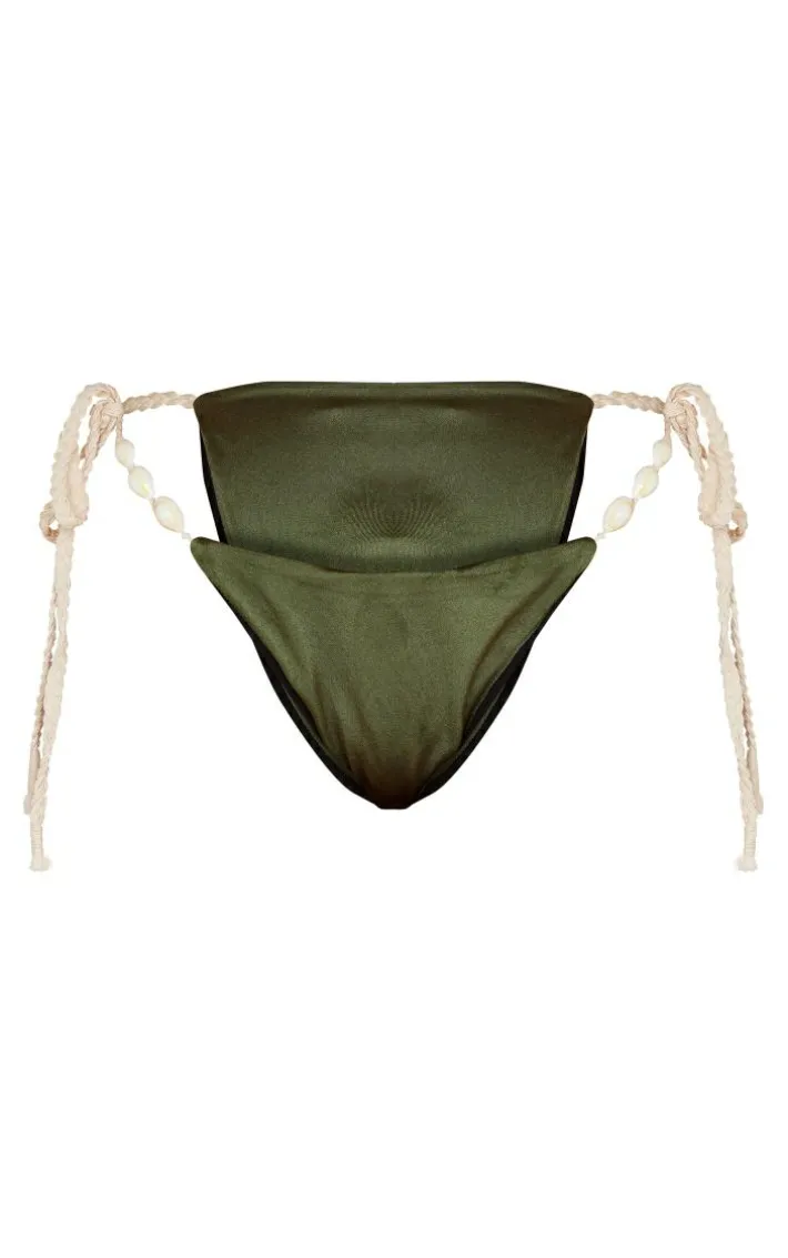 Khaki Shell Trim Detail Tie Side Bikini Bottoms