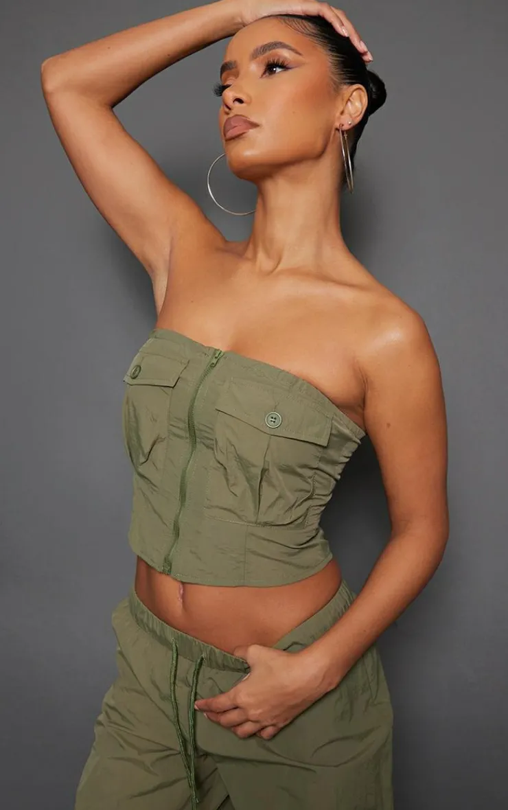 Sale PrettyLittleThing Shell Zip Up Pocket Front Bandeau Corset Khaki